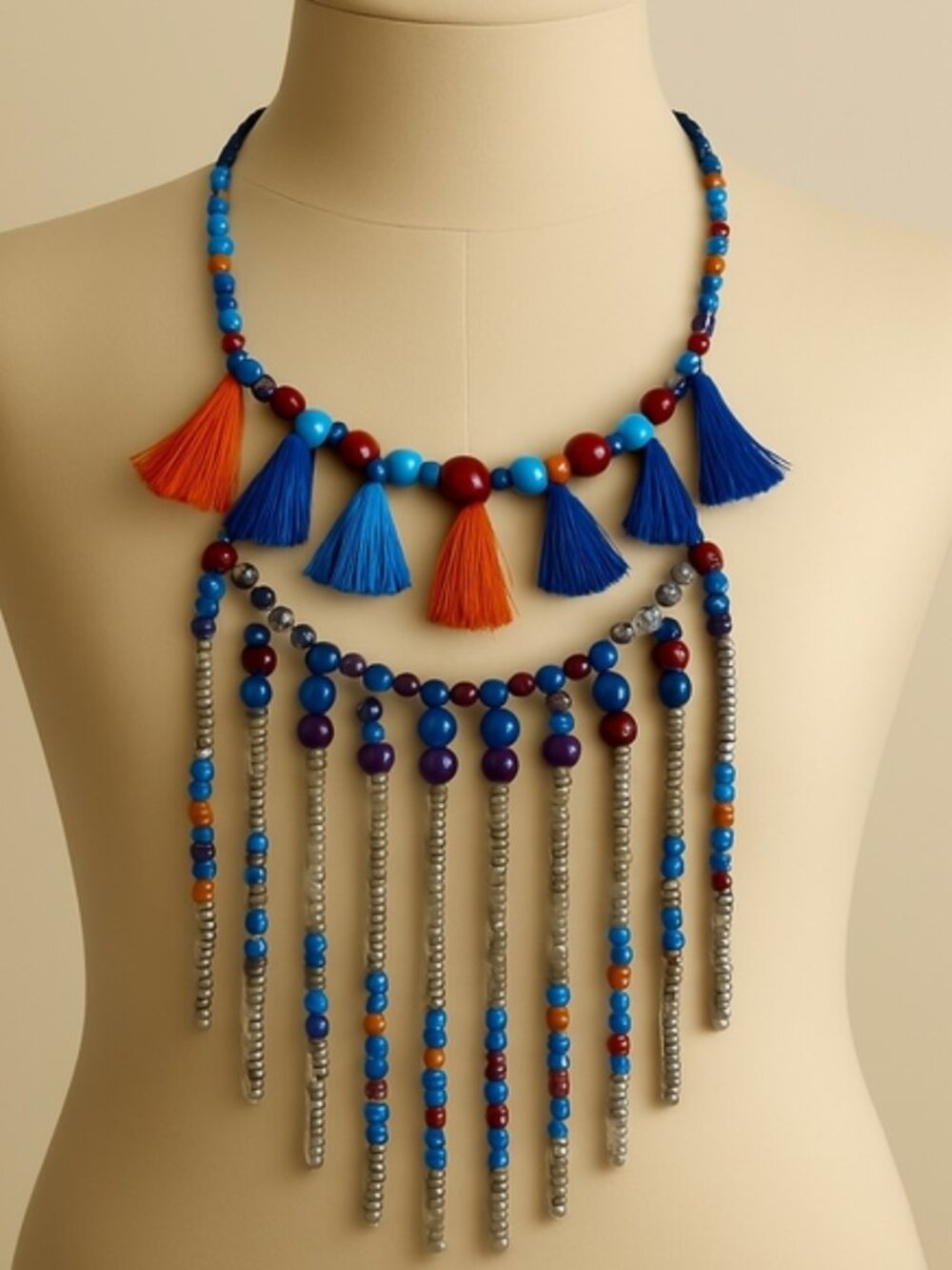 Multicolor Layered  Beads & Drop Tassel Chandelier Fringe Necklace Women Jewelry